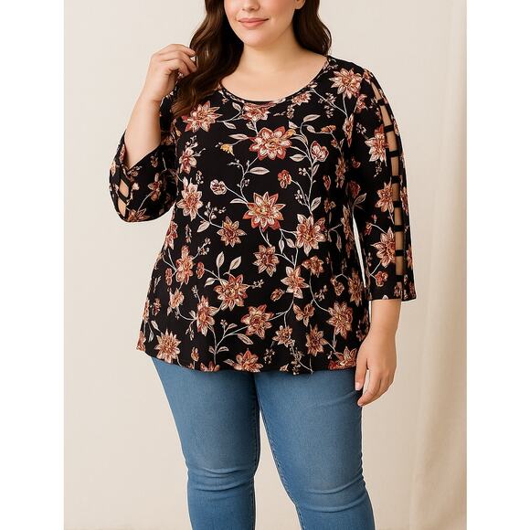 CATO Black Floral Lattice Sleeve Scoop Neck Blouse – Plus Size 18/20W - Picture 1 of 11
